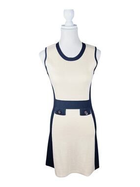 Tory Burch Cream Navy Colorblock Knit Dress Medallion Buttons Sleeveless S